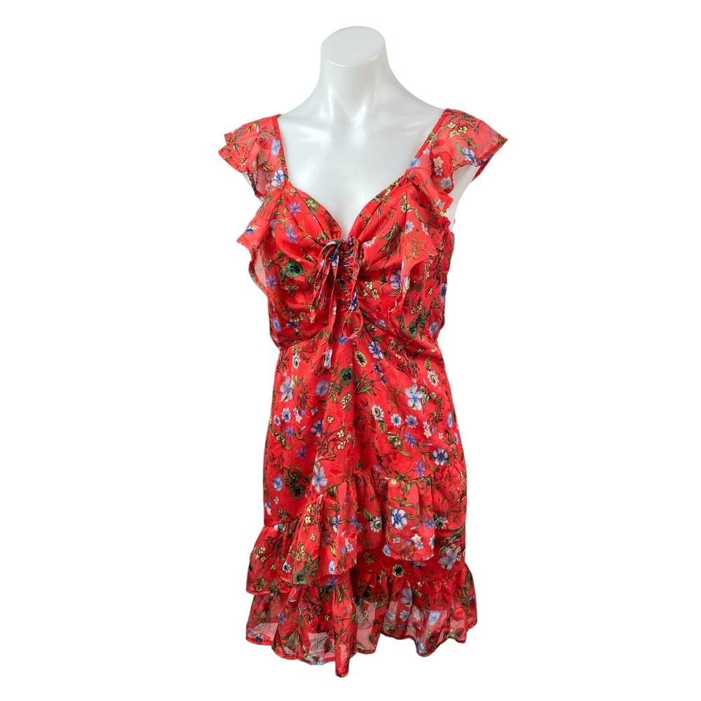 Lea & Viola Red Floral Ruffle Short Sleeve Tiered Sweetheart Tank Mini Dress M
